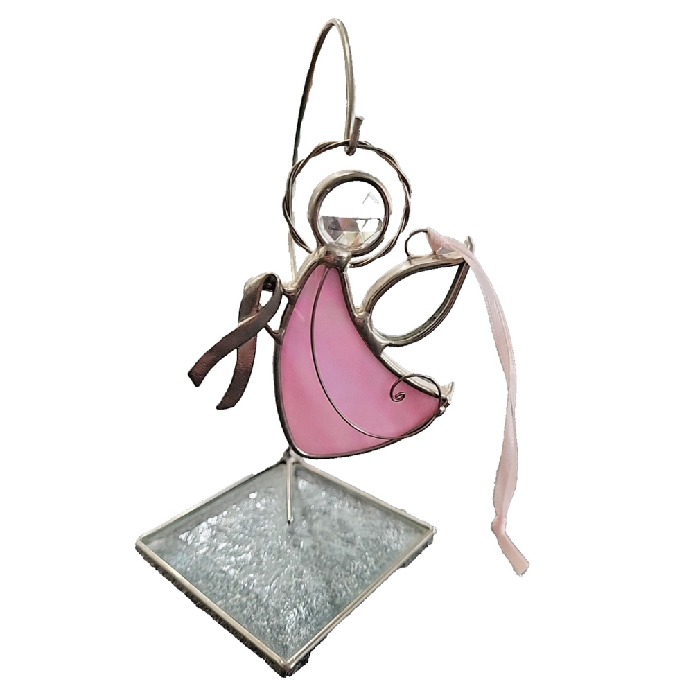 Stained Glass Angel 4" Suncatcher Leaded Pink Ribbon Base and Hanger